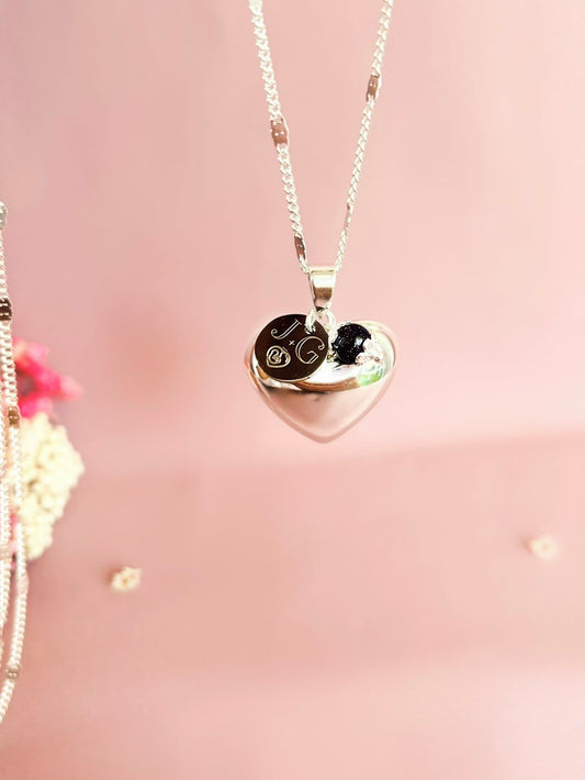 Bola de grossesse coeur argent et médaillon gravé à personnalisé, ornée d'une pierre naturelle