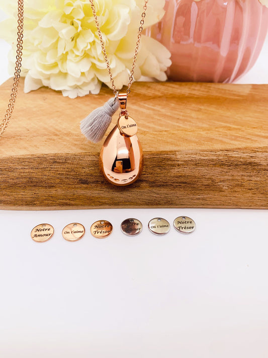Bola de grossesse goutte d’eau or rose et breloque gravée