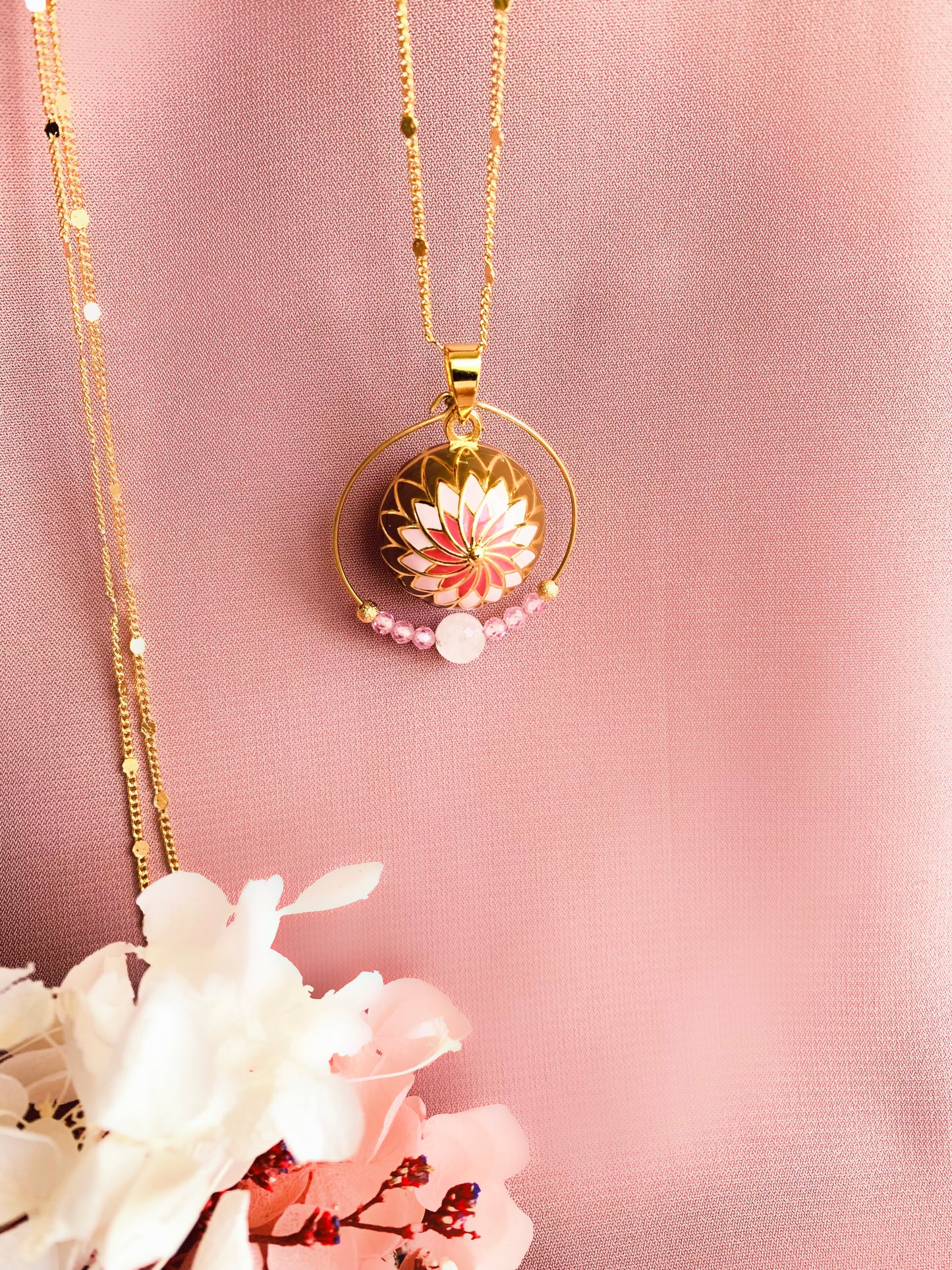 Bola de grossesse or quartz rose et motifs mandala