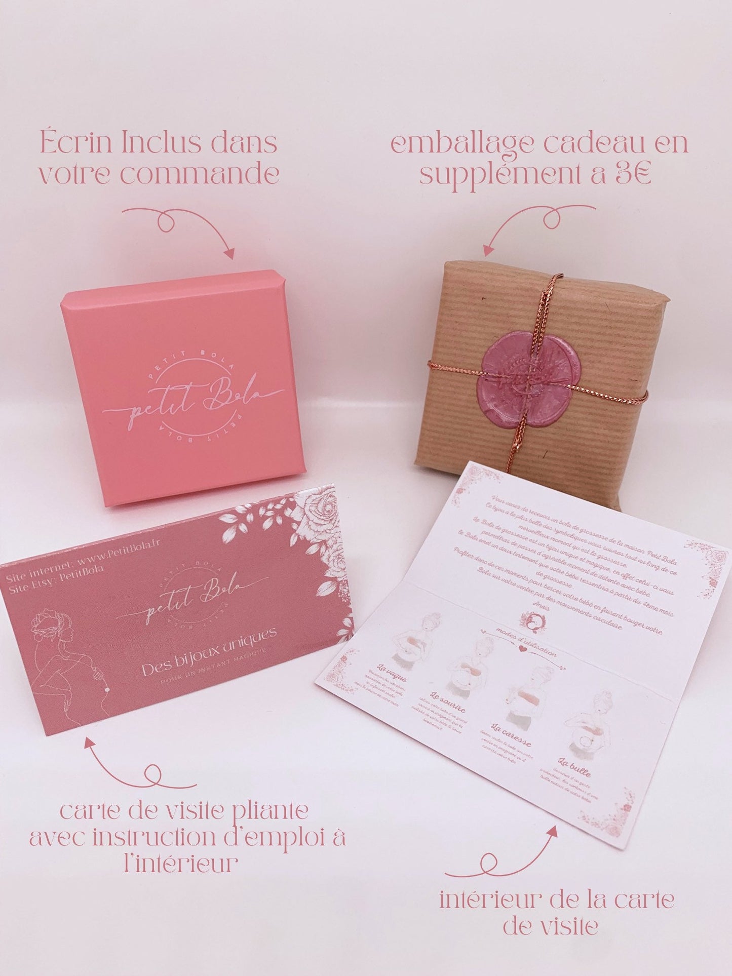 présentation du packaging qui se compose d'un écrin rose avec le logo Petitbola , accompagné d'une carte de visite avec instructions d'utilisation du bola